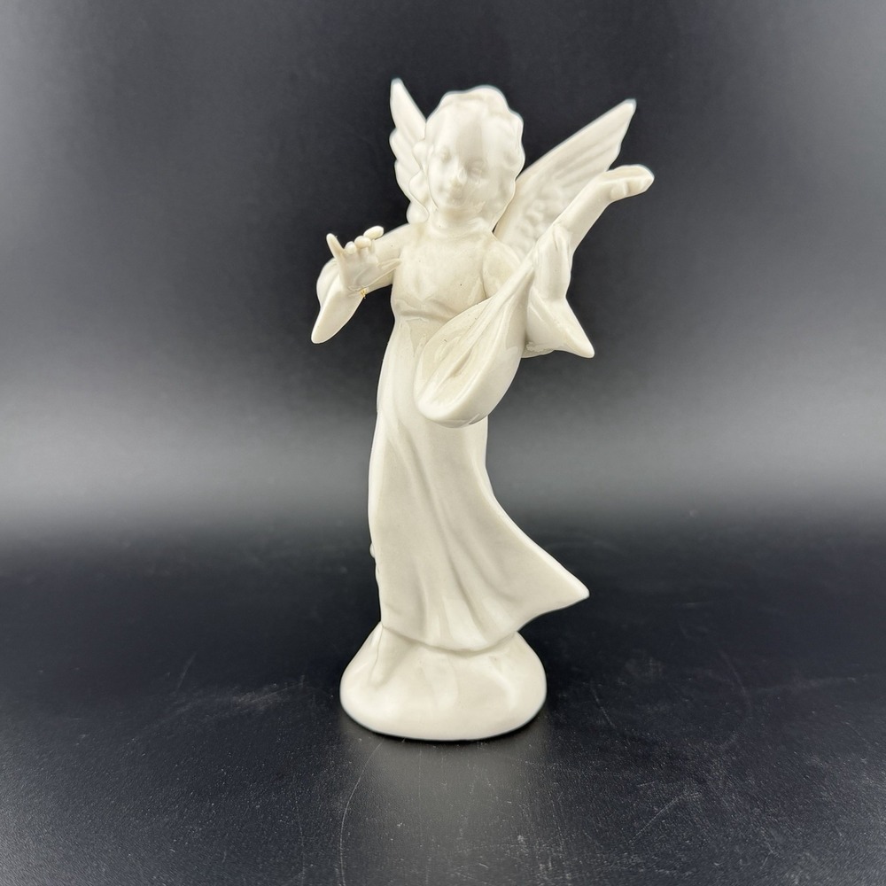 Vintage Dresden Germany Porcelain Angel Figurine Playing Mandolin Lute White